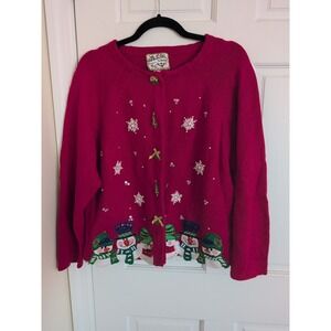 HEIRLOOM COLLECTIBLES Women's L Christmas Button Cardigan Sweater Beaded Snowmen